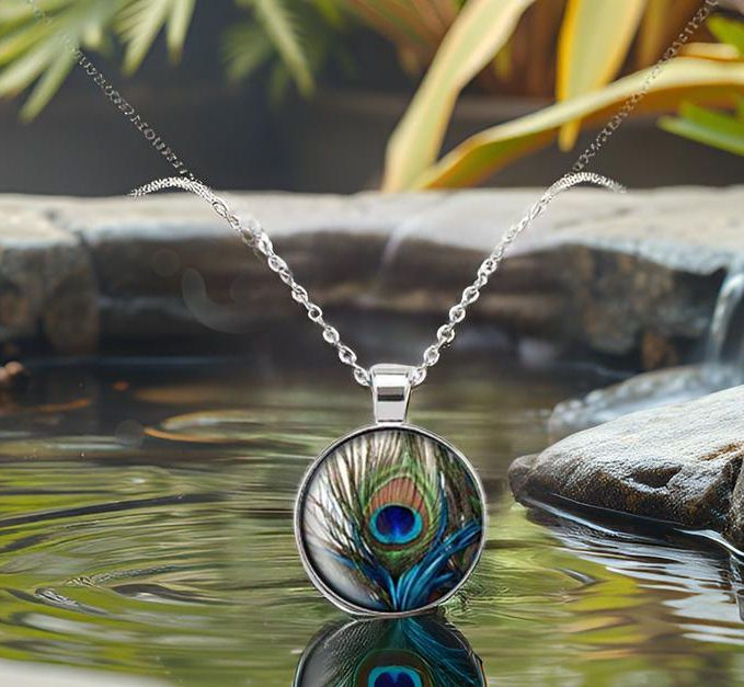Peacock Eye Glass Dome Pendant Silver Necklace Statement Jewellery