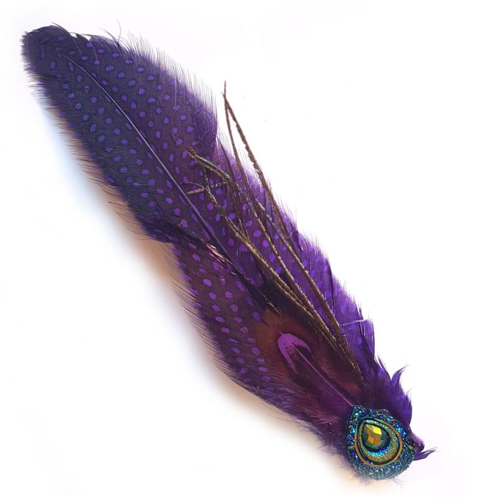 Purple Guinea and Peacock Feather Slim Hair Clip with Glittered Peacock Eye Brooch