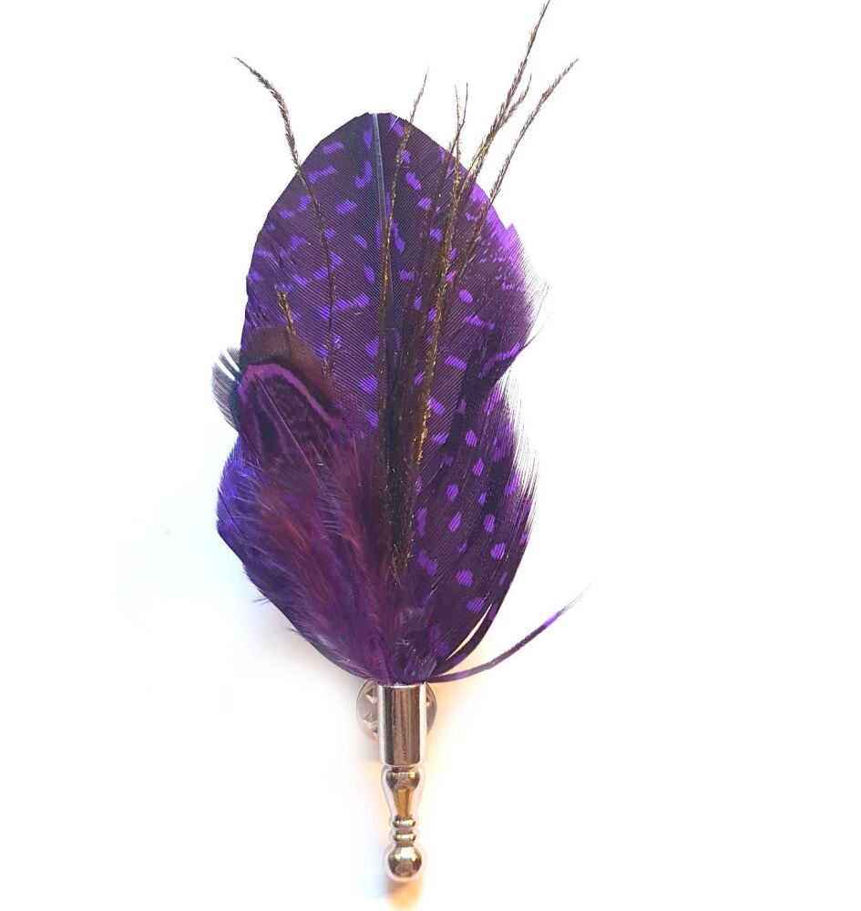 Feather Buttonhole: Purple Guinea Fowl and Peacock Accent Boutonniere