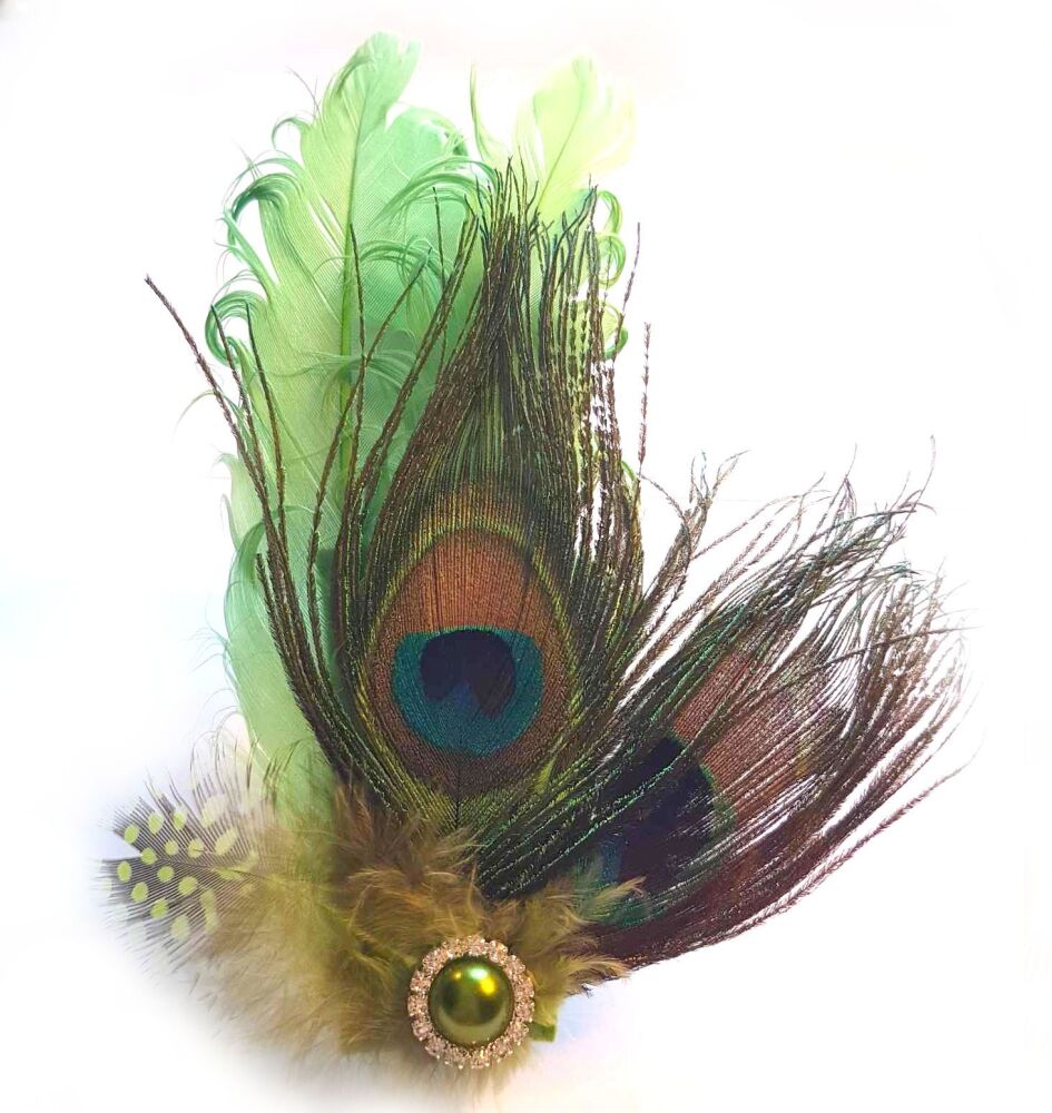 Peacock Eye & Olive Green Goose Feather Hair Clip: Unique, Handmade