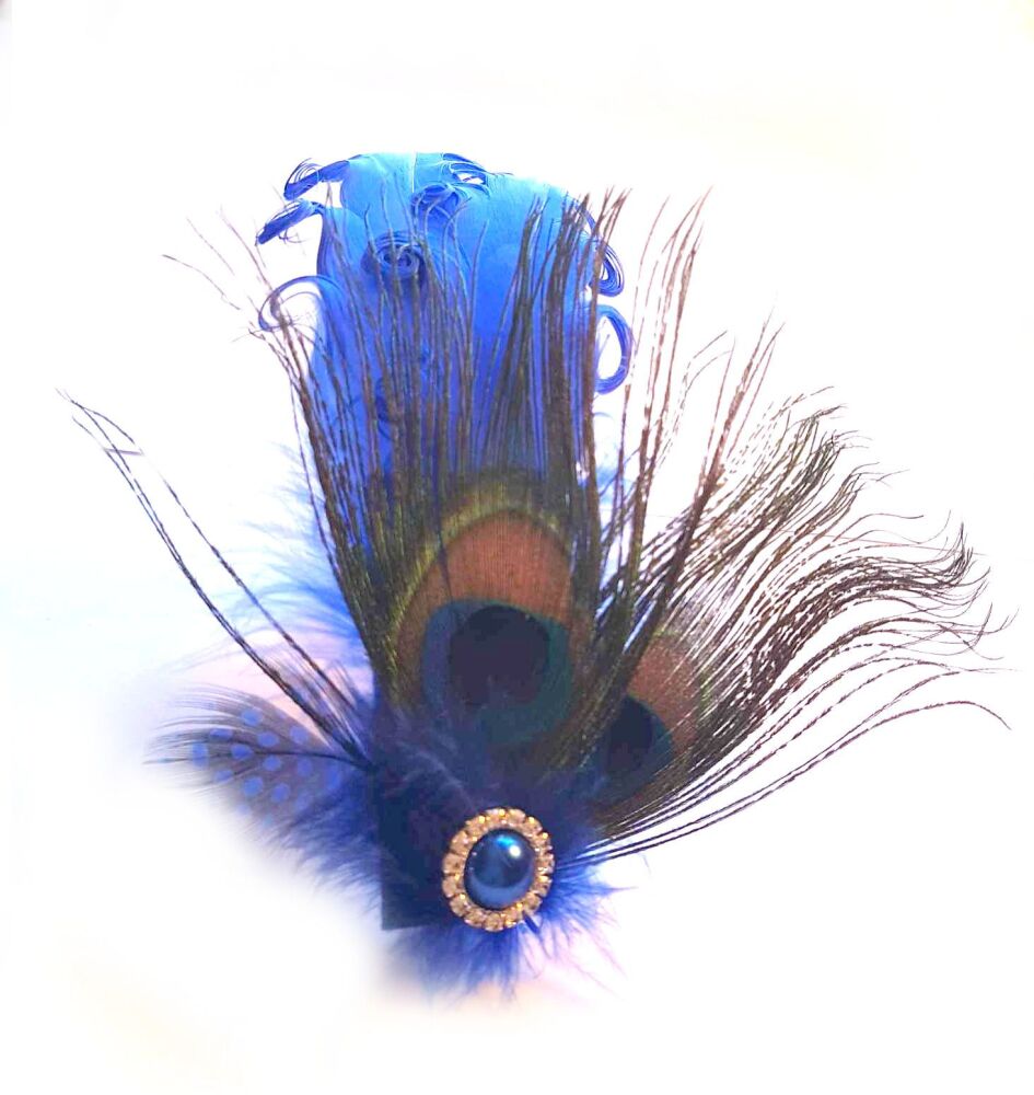 Peacock Eye & Royal Blue Goose Feather Hair Clip: Unique, Handmade