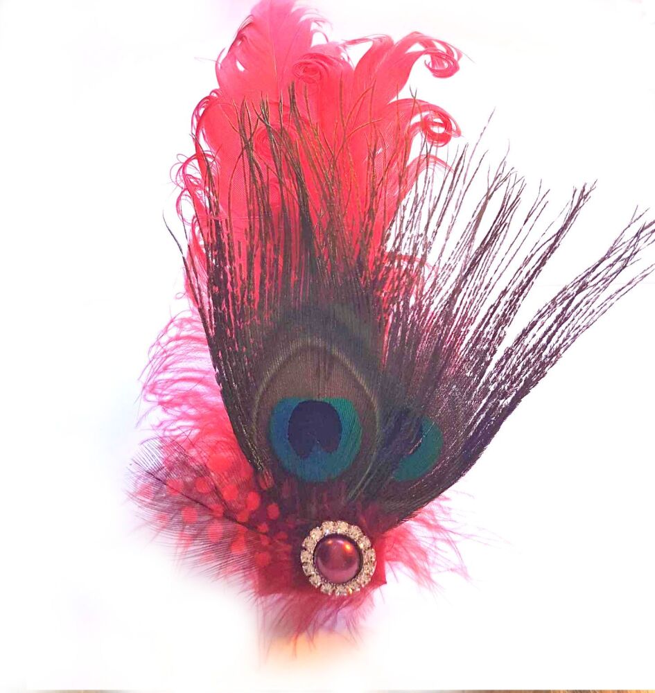 Peacock Eye & Red Goose Feather Hair Clip: Unique, Handmade