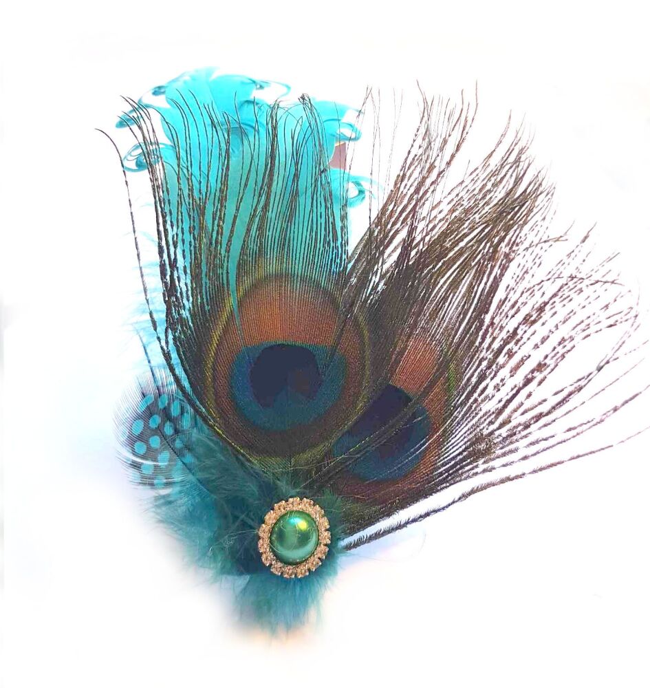 Peacock Eye & Teal Green Goose Feather Hair Clip: Unique, Handmade