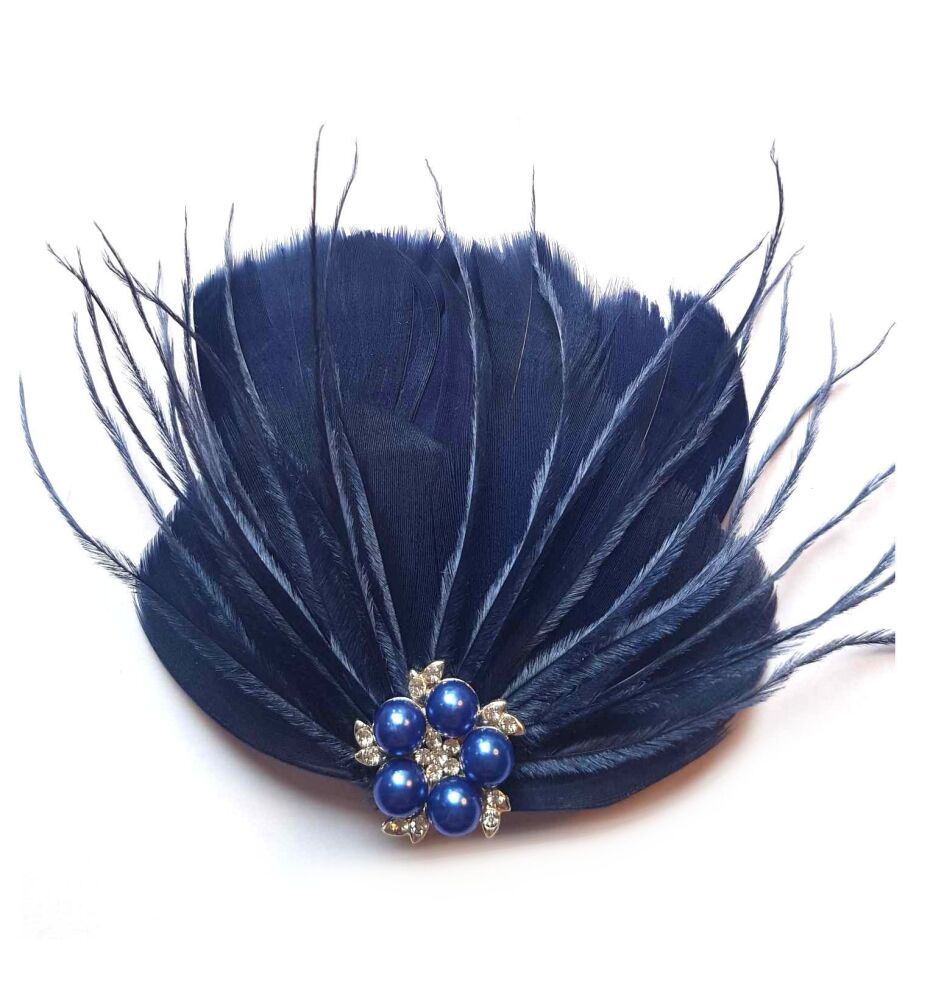 Navy Blue Feather Hair Clip with Ostrich Hurl and Pearl, Diamante Gem