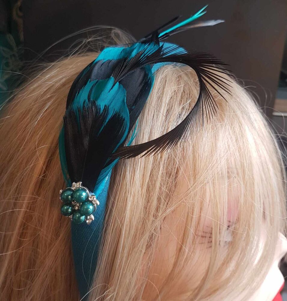 Black and Teal Feather Headband with Teal Pearl Embellishment