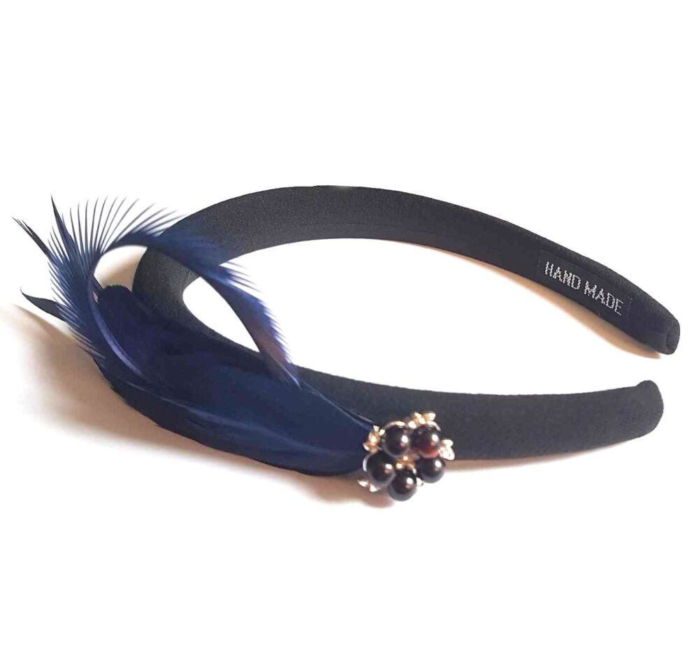 Navy Blue and Black Feather Headband with Pearl, Diamante Embellishment