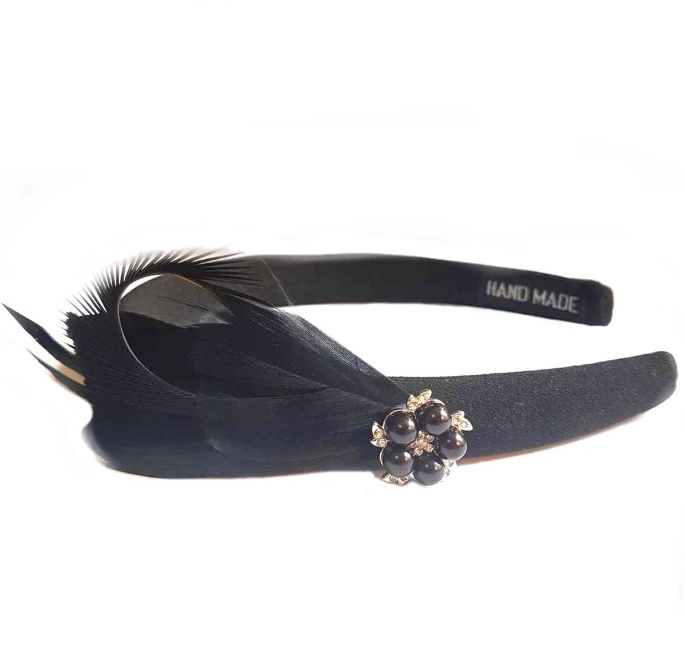 Black Feather Headband with Pearl, Diamante Embellishment