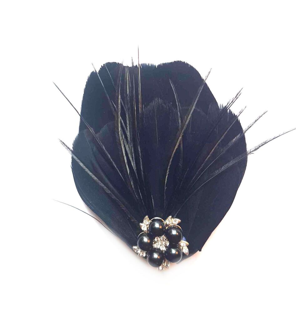 Black Feather Hair Clip with Ostrich Hurl and Pearl, Diamante Gem
