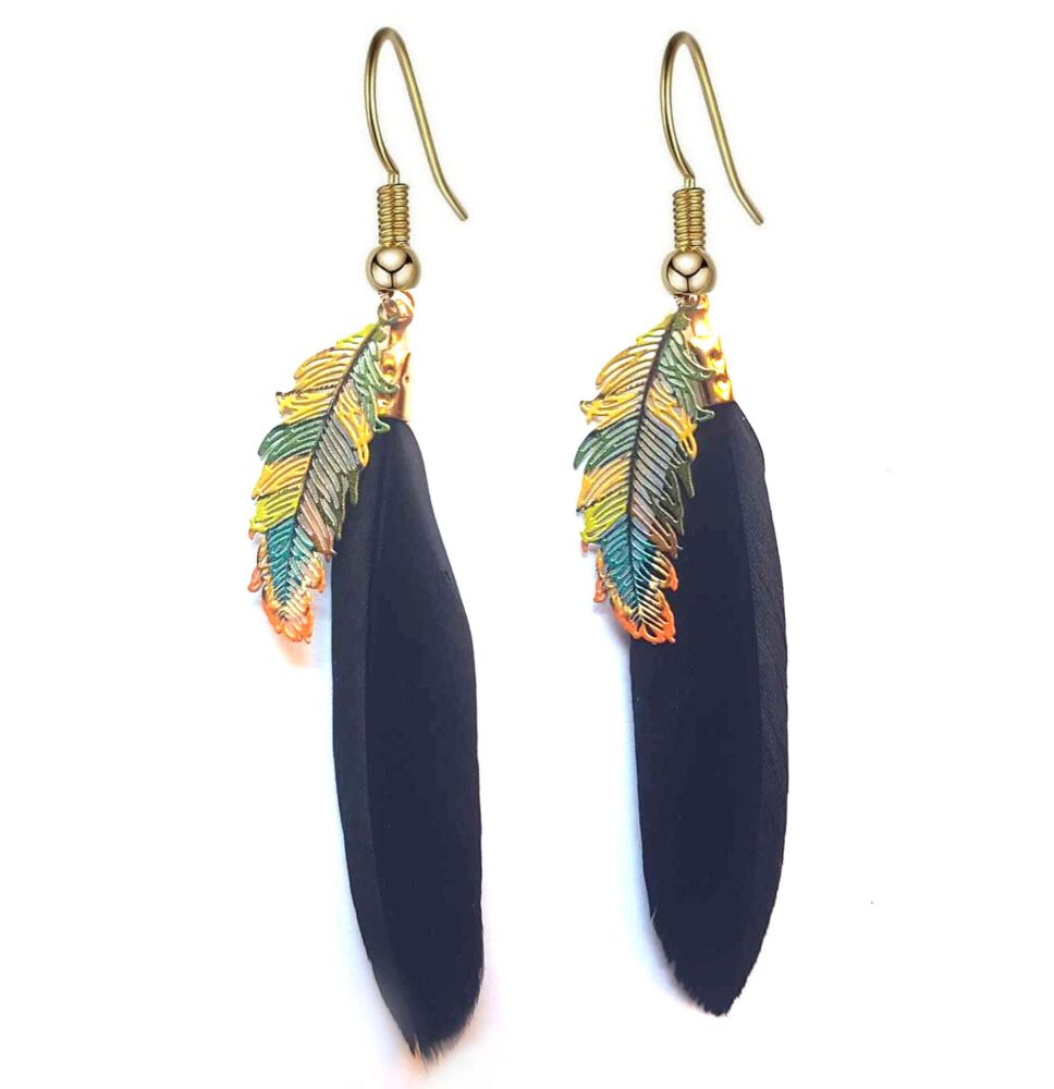 Black Feather Earrings with Enamel Autumn Charm