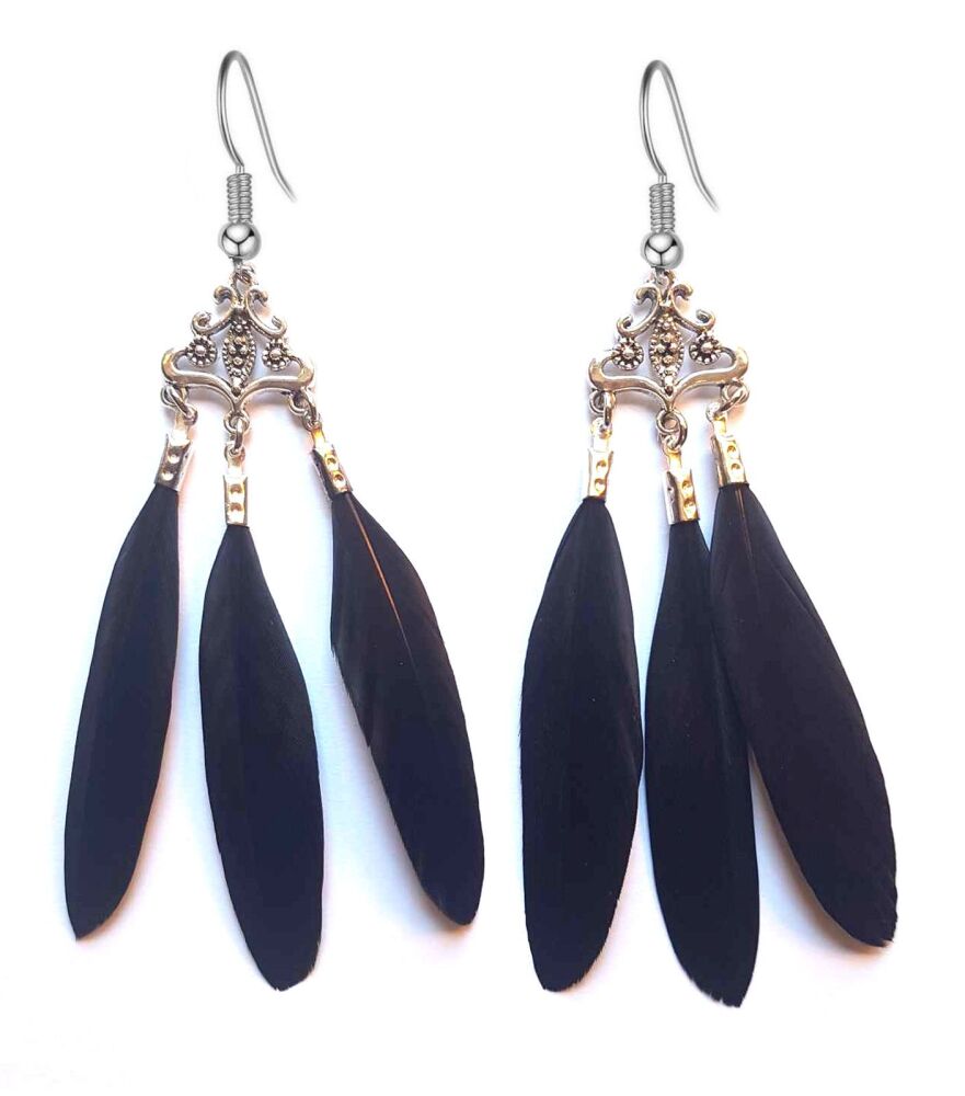 Black Feather Dangle Earrings, Chandelier Design with Three Sleek Feathers