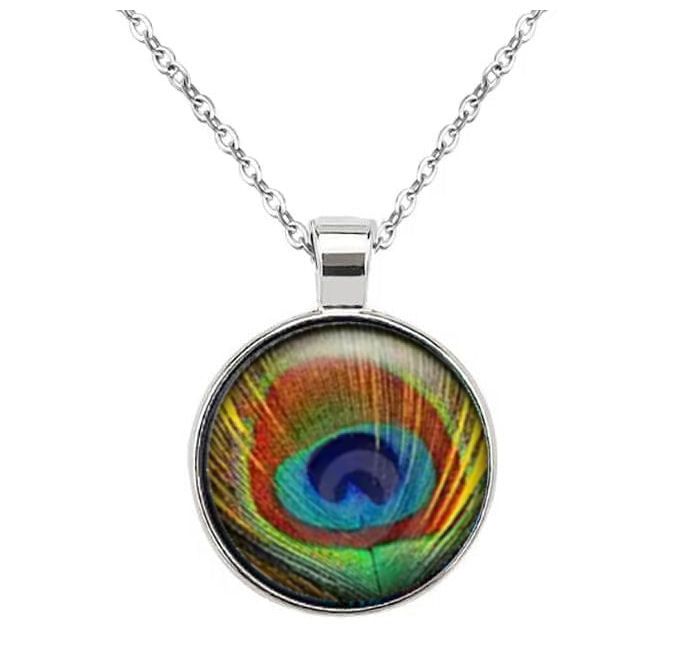 Silver Peacock Eye Glass Dome Pendant Necklace