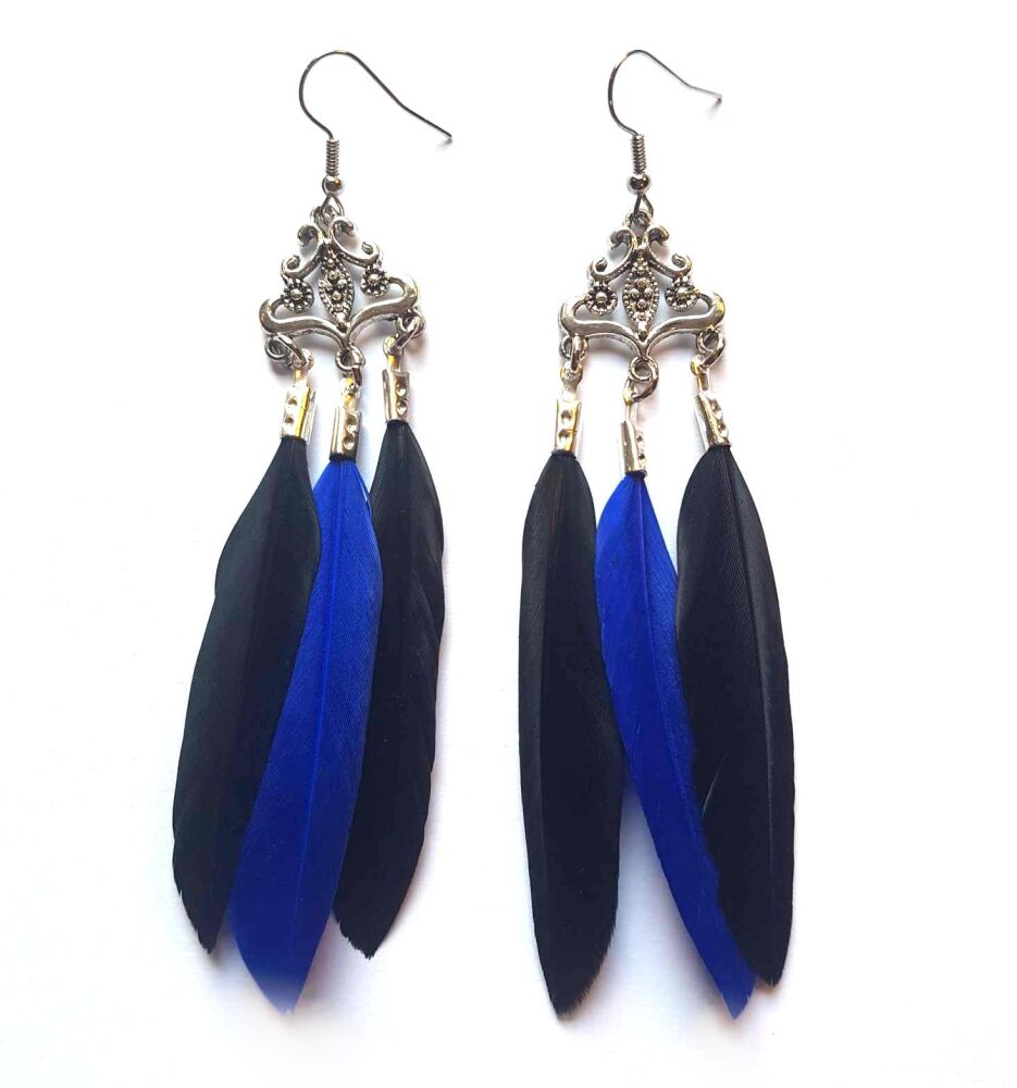 Black and Royal Blue Feather Dangle Earrings, Chandelier Design with Three Sleek Feathers