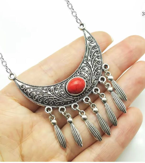 Crescent Moon Necklace with Red Quartz