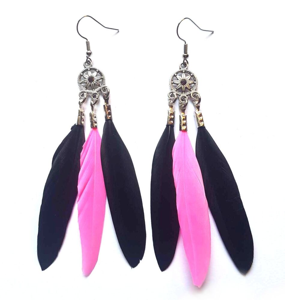 Black and Hot Pink Feather Earrings with Decorative Silver Pendant