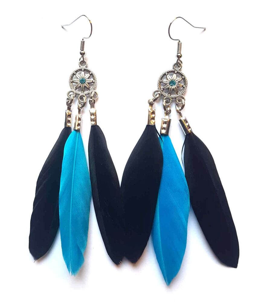 Black and Royal Blue Feather Dangle Earrings, Chandelier Design with Three Sleek Feathers