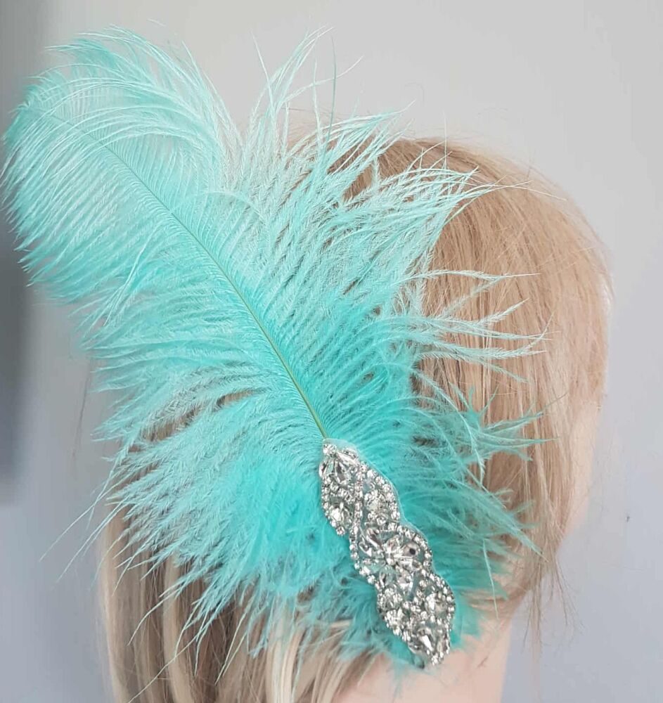 Mint Green Ostrich Feather Hair Piece, Clip Style with Diamante Crystal Applique