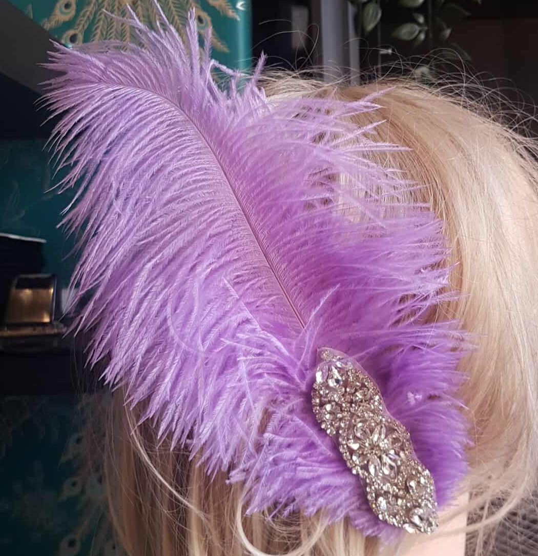 Lavender Ostrich Feather Hair Piece, Clip Style with Diamante Crystal Applique