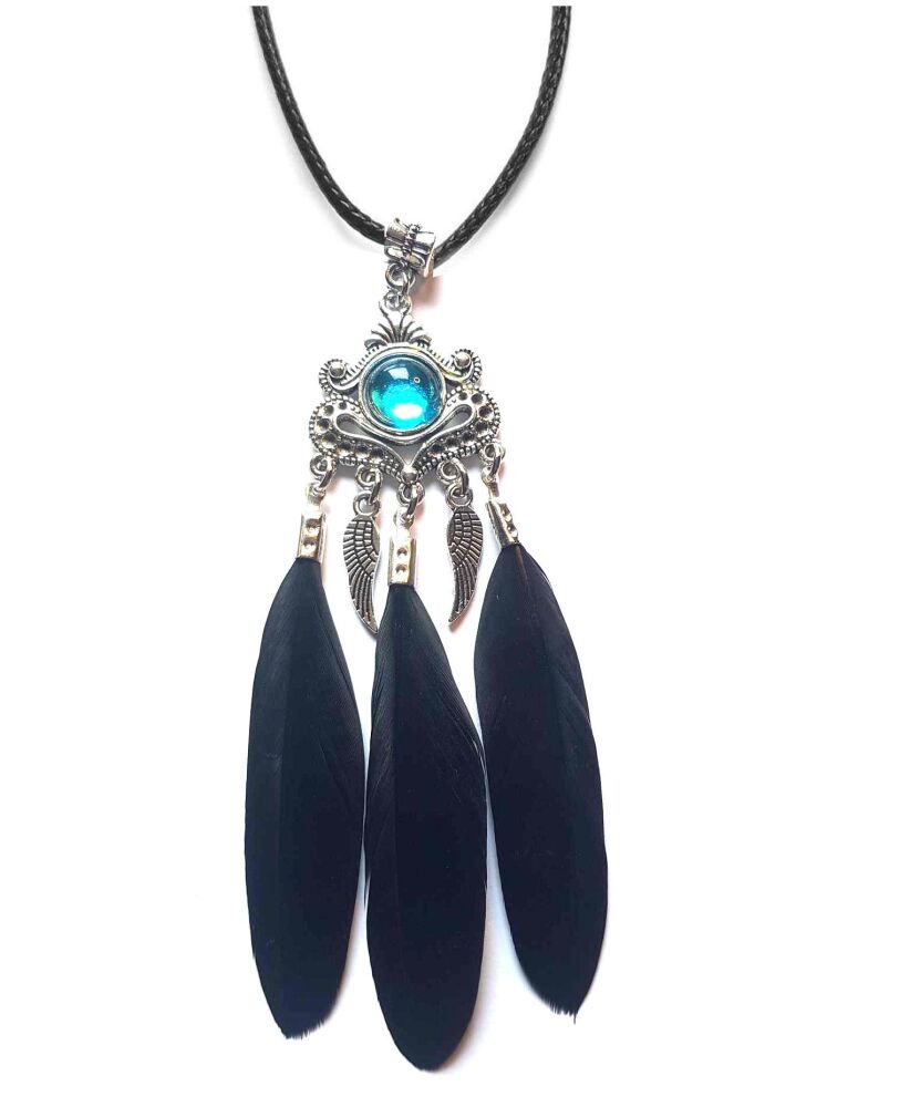 Feather Necklace with Black Goose Feathers, Aqua Blue Stone & Angel Wing Charms
