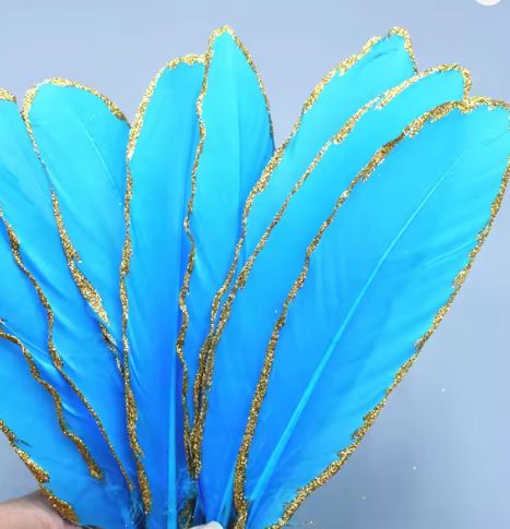 Aqua Blue and Gold Goose Quill Feathers x 1