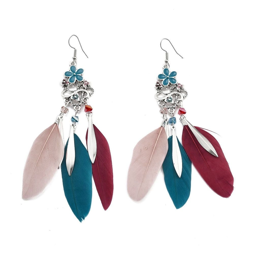 Feather Earrings in Beige, Teal & Burgundy with a Decorative Pendant