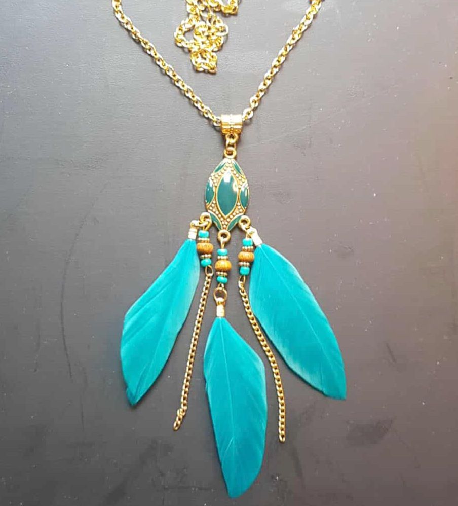 Feather Necklace - Teal Green and Gold