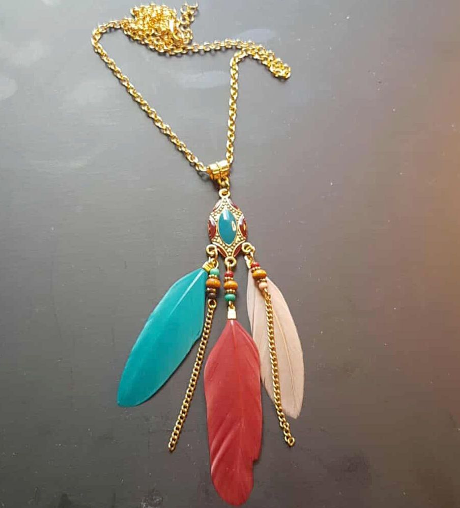 Teal Green, Rose Pink & Burgundy Feather Necklace with Gold Chain