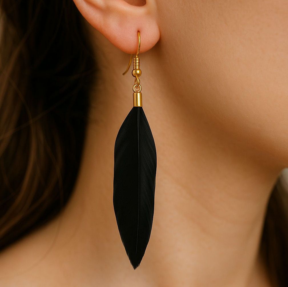 Black and Gold Goose Feather Earrings