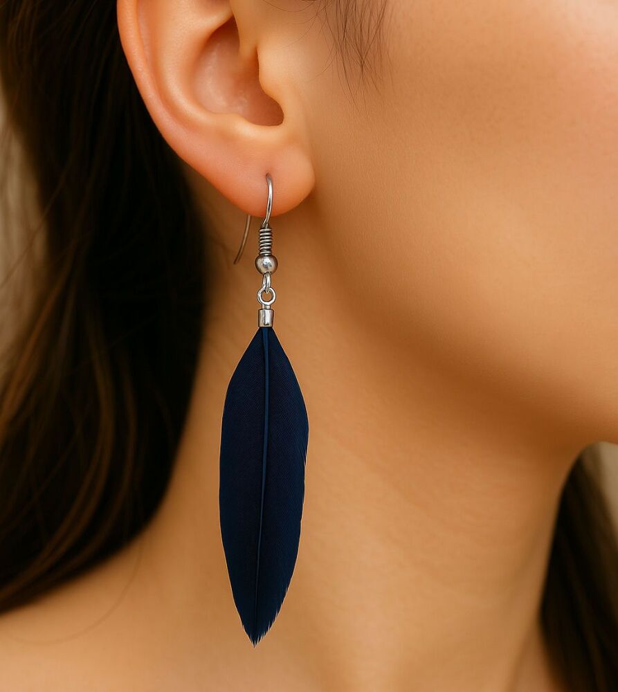 Navy Blue Goose Feather Earrings