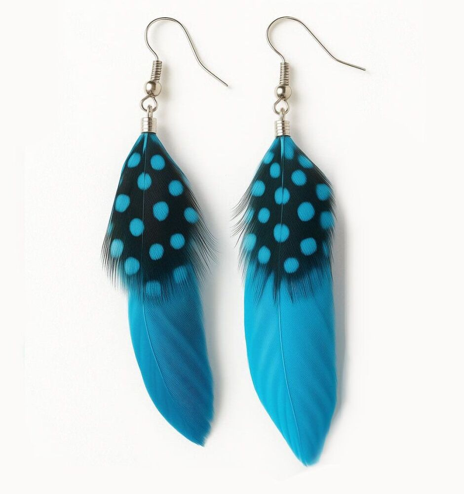 Aqua Blue Goose and Guinea Feather Earrings