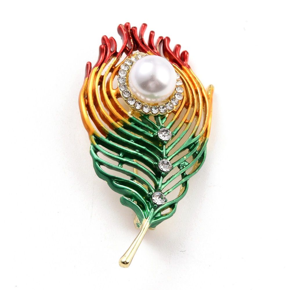 Feather Alloy Brooch with Resin Pearl – Rhinestone Lapel Pin