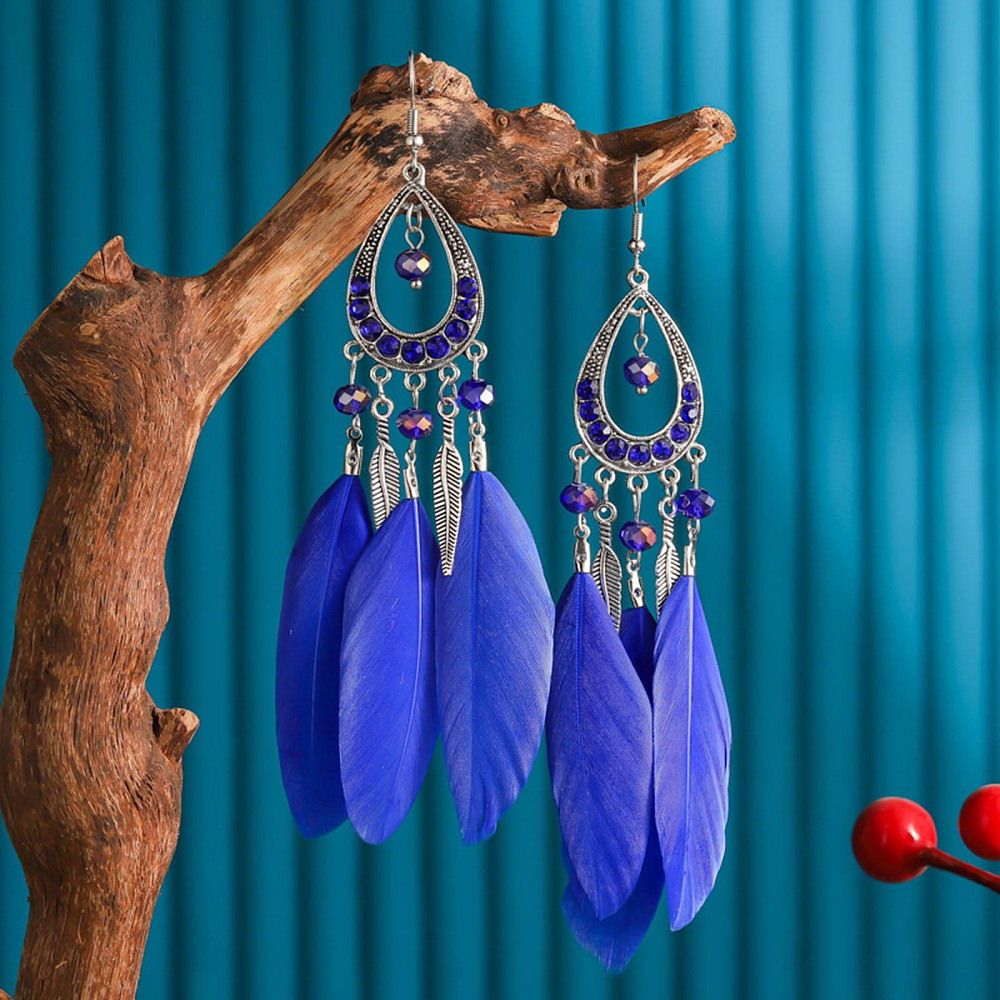 Royal Blue and Gold Feather Earrings with Beaded Tribal Detail