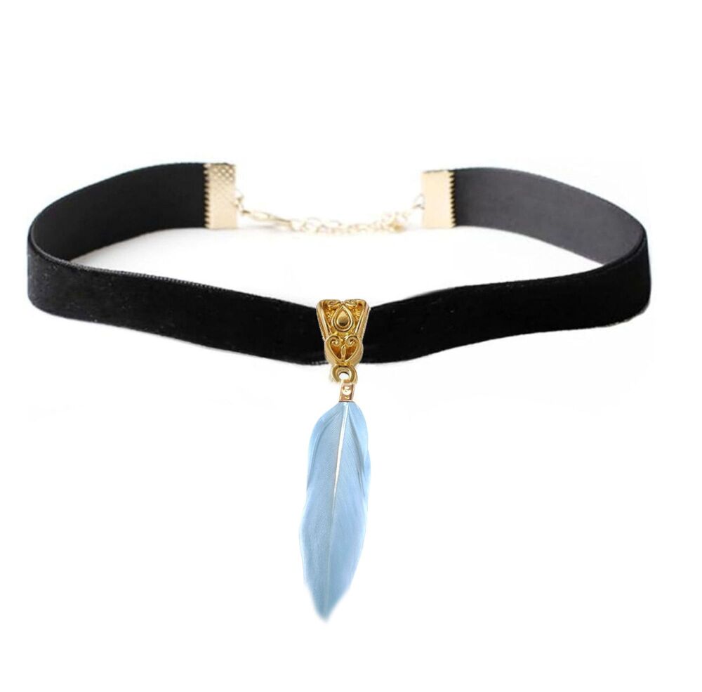 Black Velvet Choker Featuring Dusky Blue Goose Feather