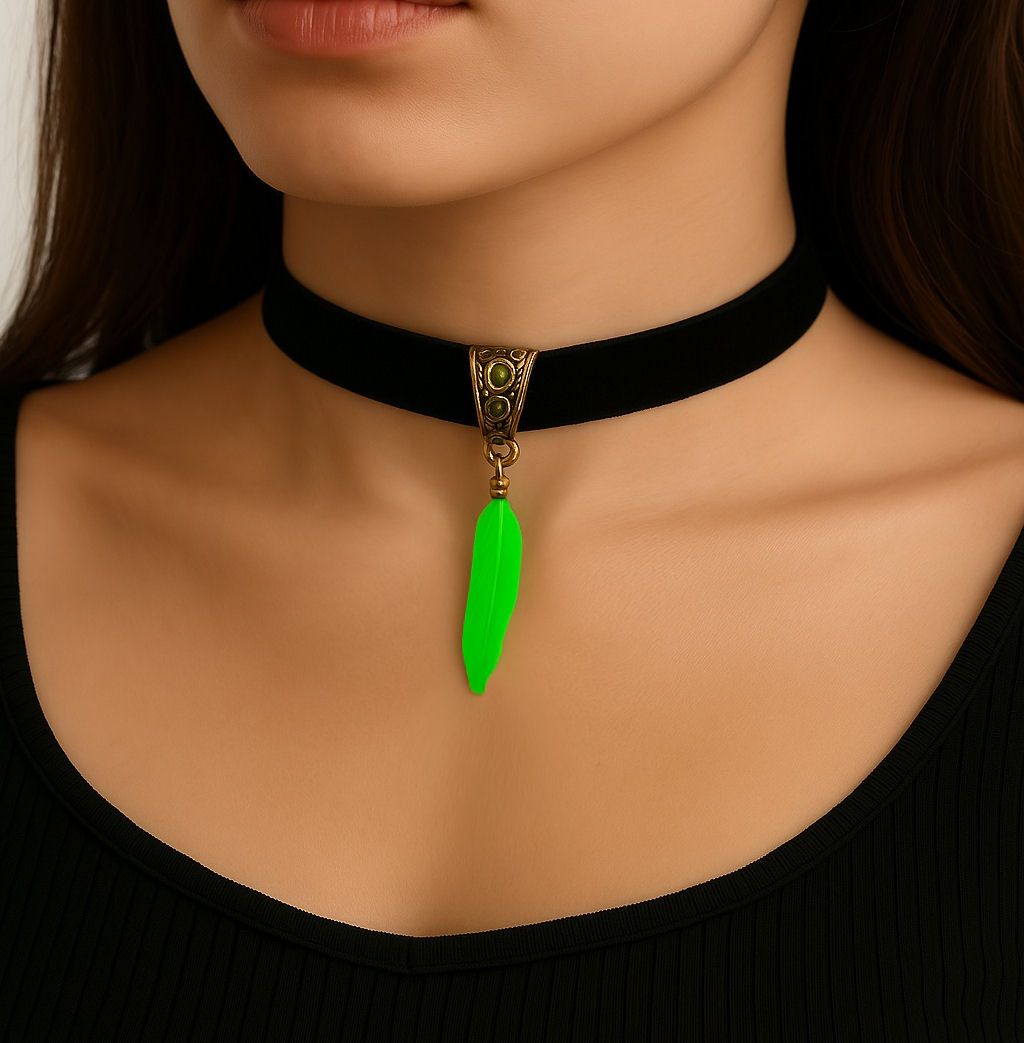Black Velvet Choker Featuring Lime Green Goose Feather