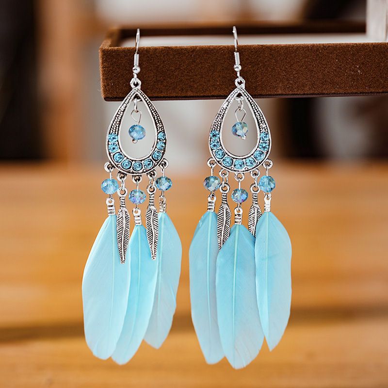 Turquoise Blue and Silver Feather Earrings with Beaded Tribal Detail