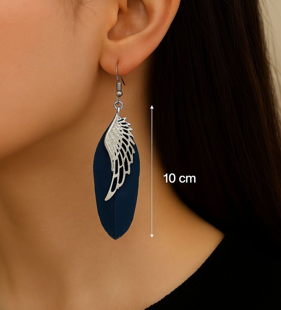 Navy Feather Earrings with Silver Angel Wing Char