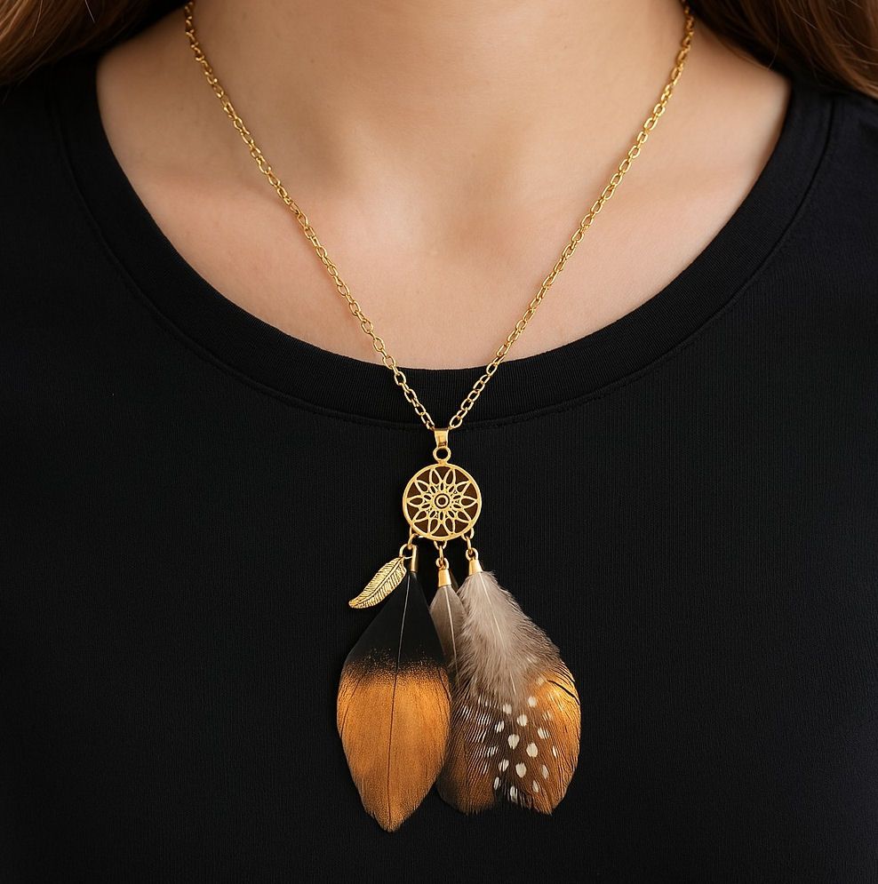 Black & Gold Feather Charm Necklace