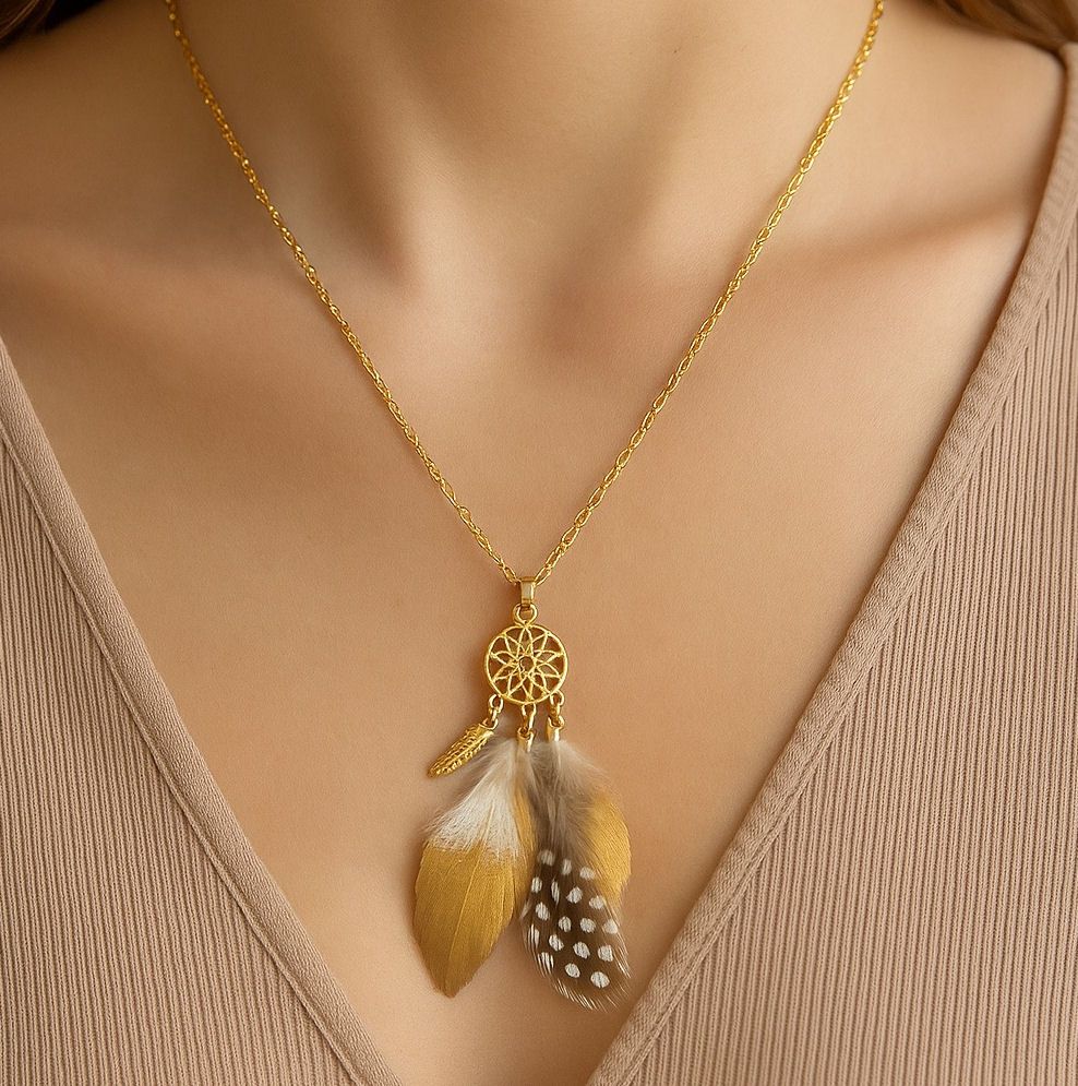 White & Gold Feather Charm Necklace