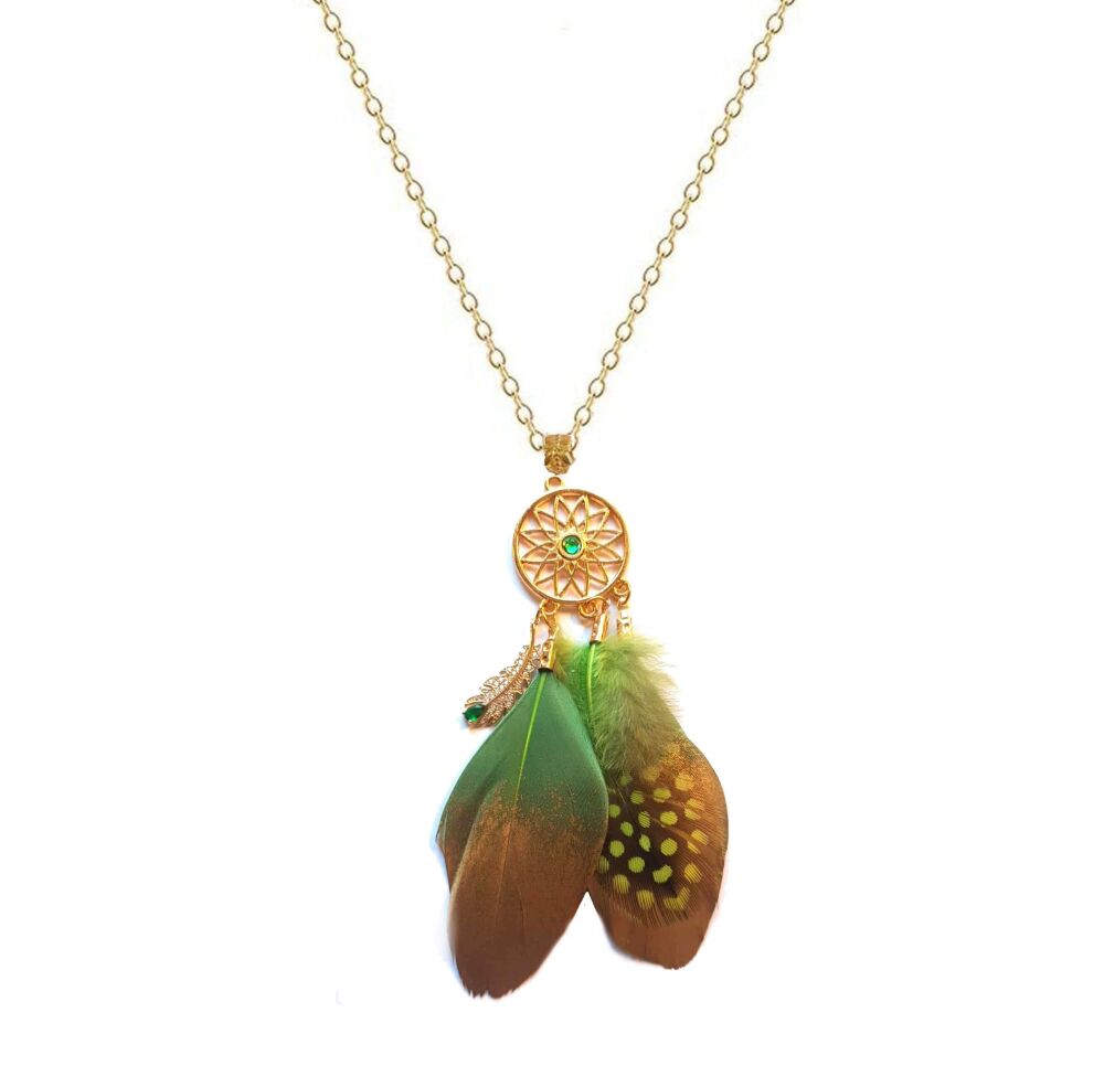 Green & Gold Feather Charm Necklace