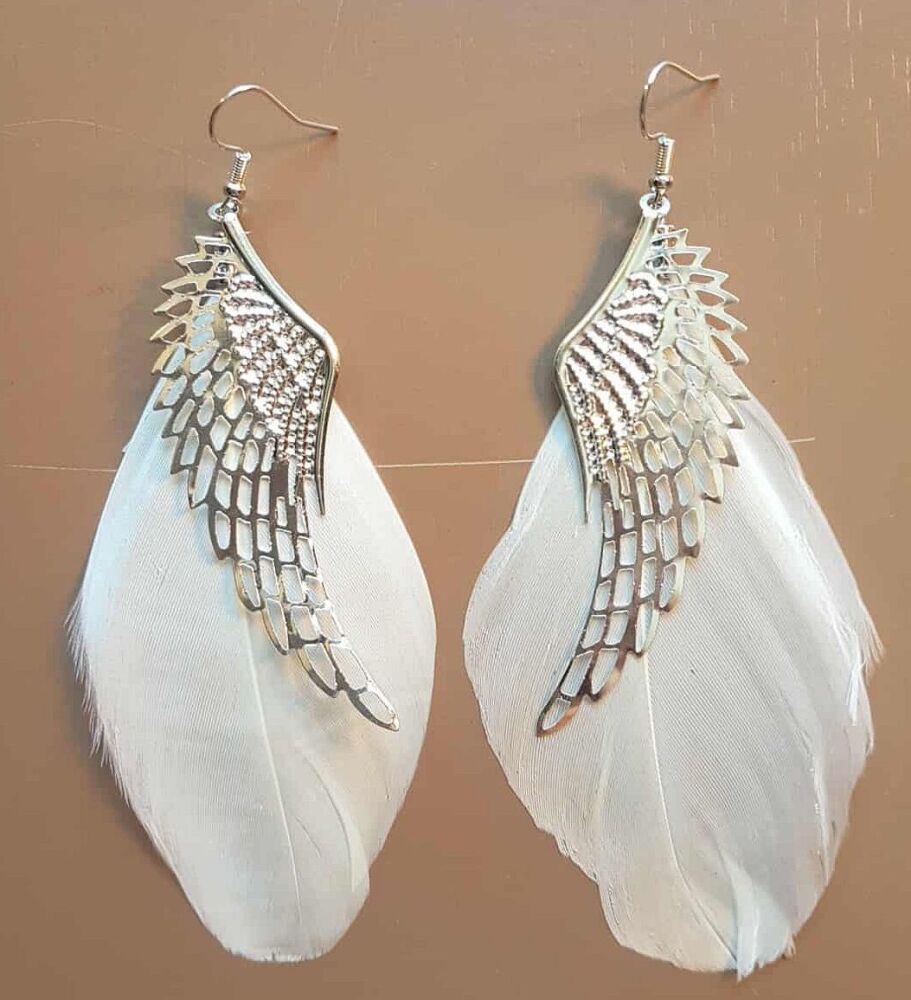 Ivory Feather Earrings with Silver Angel Wing Charm