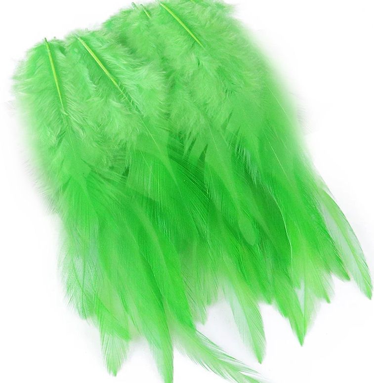 Lime green rooster saddle feathers, 4–6 inch plumage with fluffy base and n