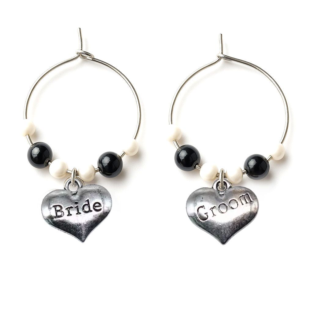 Bride and Groom Wine Glass Charms - Black and White Wedding Theme, Set of 2