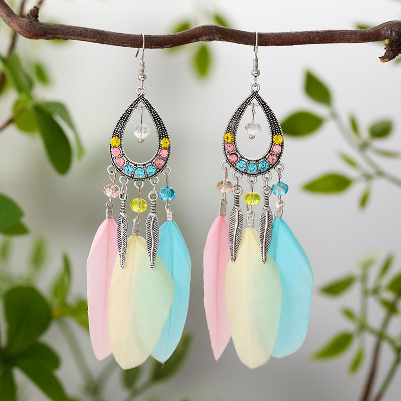 Pastel Feather Earrings with Rhinestones, Beads & Silver Charms