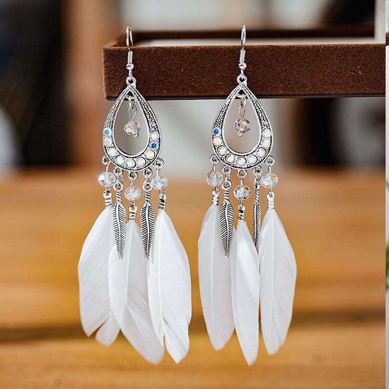 White Feather Earrings with Rhinestones & Silver Charms