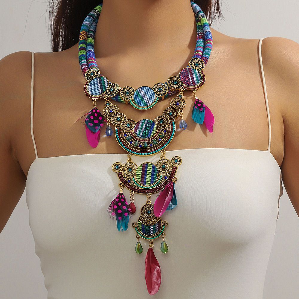 Sky Blue and Pink Bohemian Statement Bib Necklace with Rhinestones and Feathers
