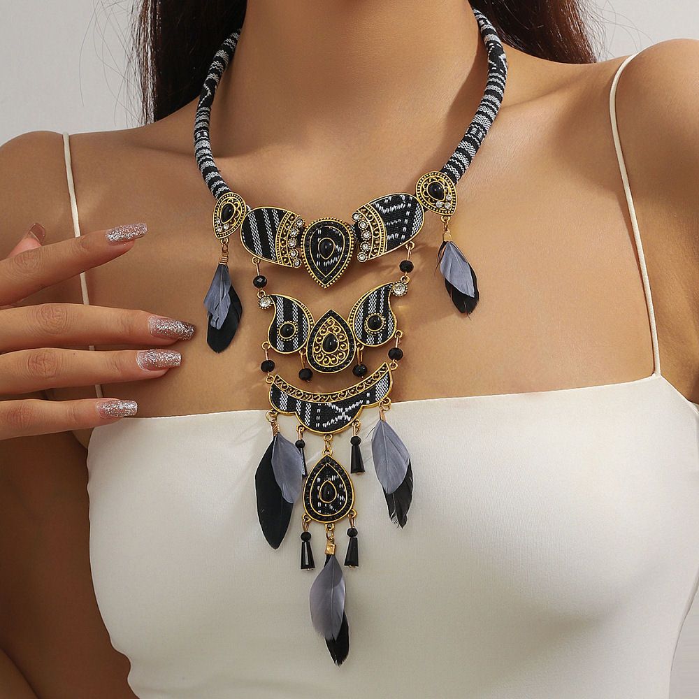 Bohemian Teardrop Statement Bib Necklace - Feathers, Pearls Beads and Rhinestones