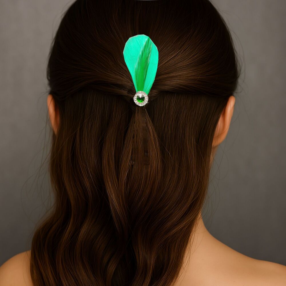 Green Feather Hair Grip with Gem
