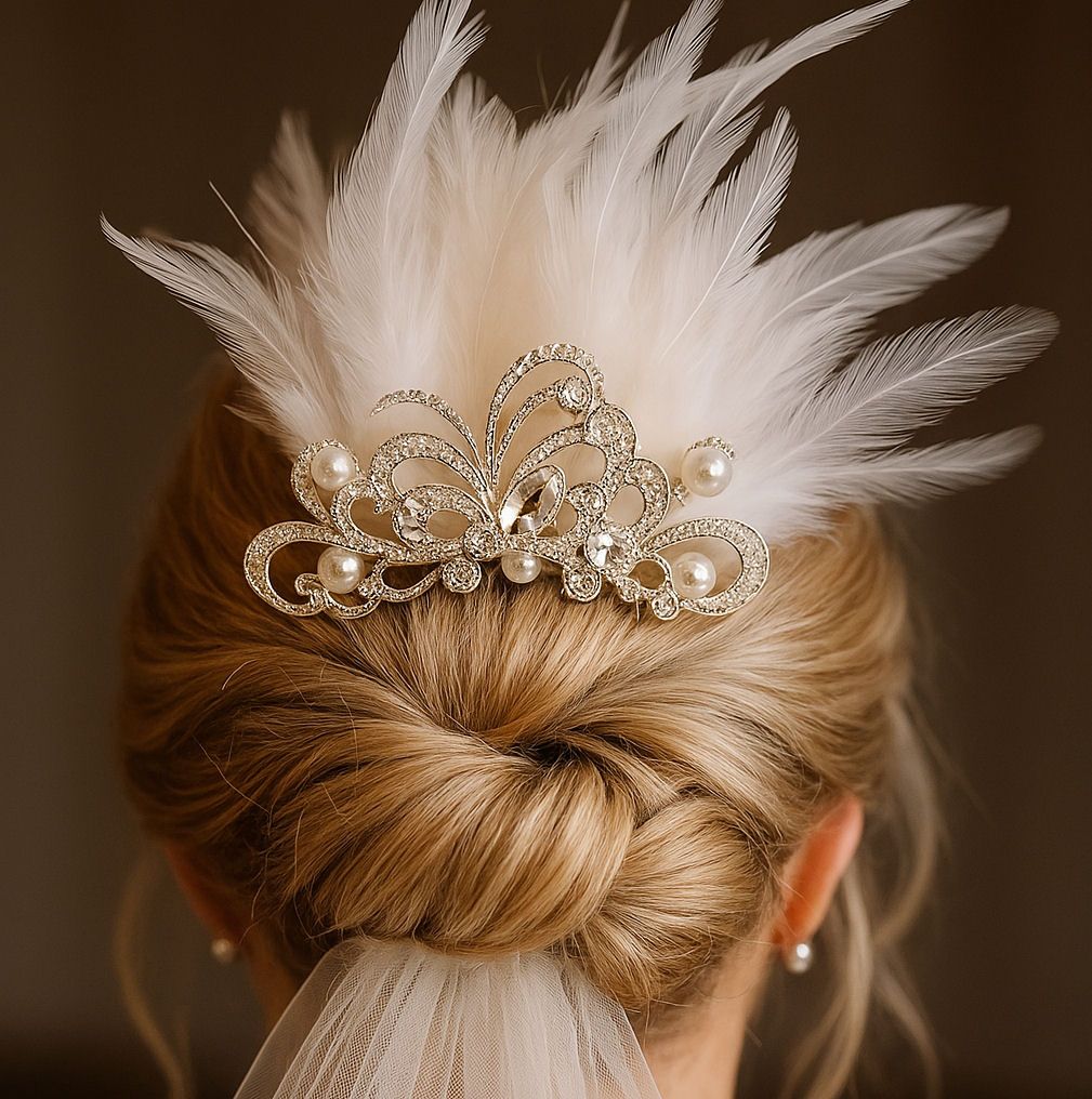 Bridal Feather Hair Comb – White Feathers, Butterfly Gem, Pearls & Crystals