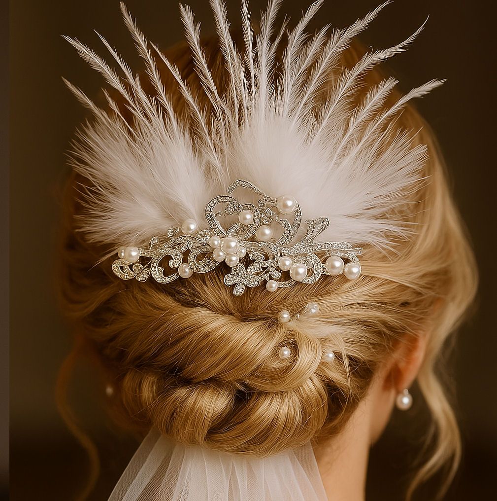 Feather Hair Comb with White Feathers, Pearls and Crystals