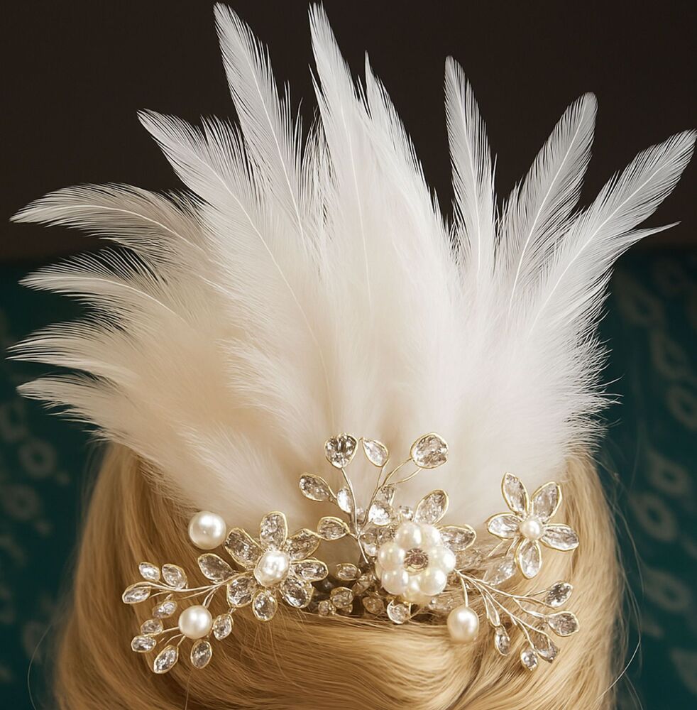 Bridal Feather Hair Comb with White Feathers, Pearls and Crystals