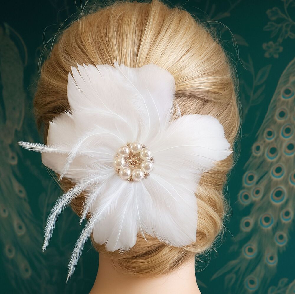 Bridal Feather Hair Clip with White Goose Coquille and Ostrich Feathers, Crystal and Pearls